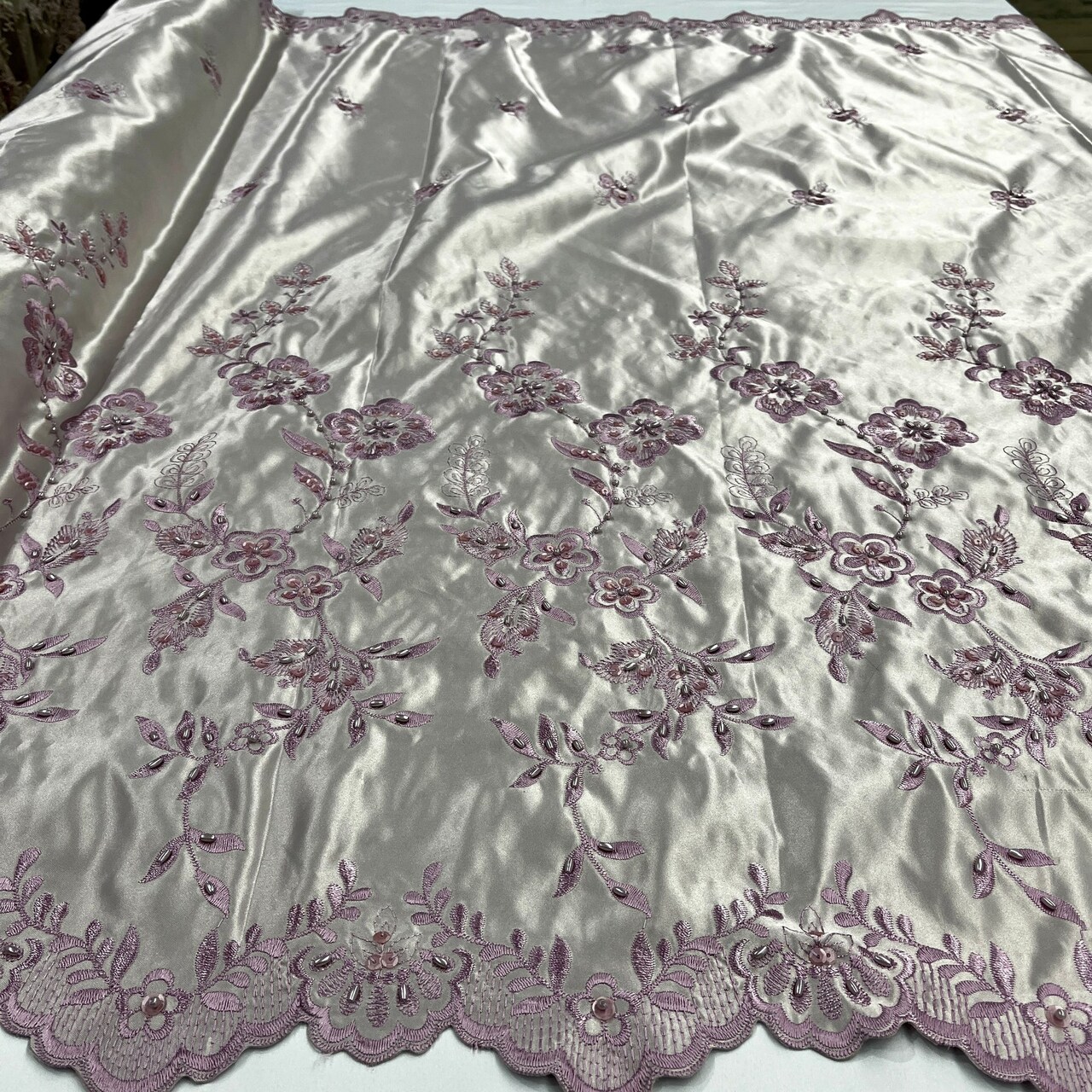 1 Yard Beaded Bridal Lace Fabric Embroidered on 100% Polyester Satin 54" Wide